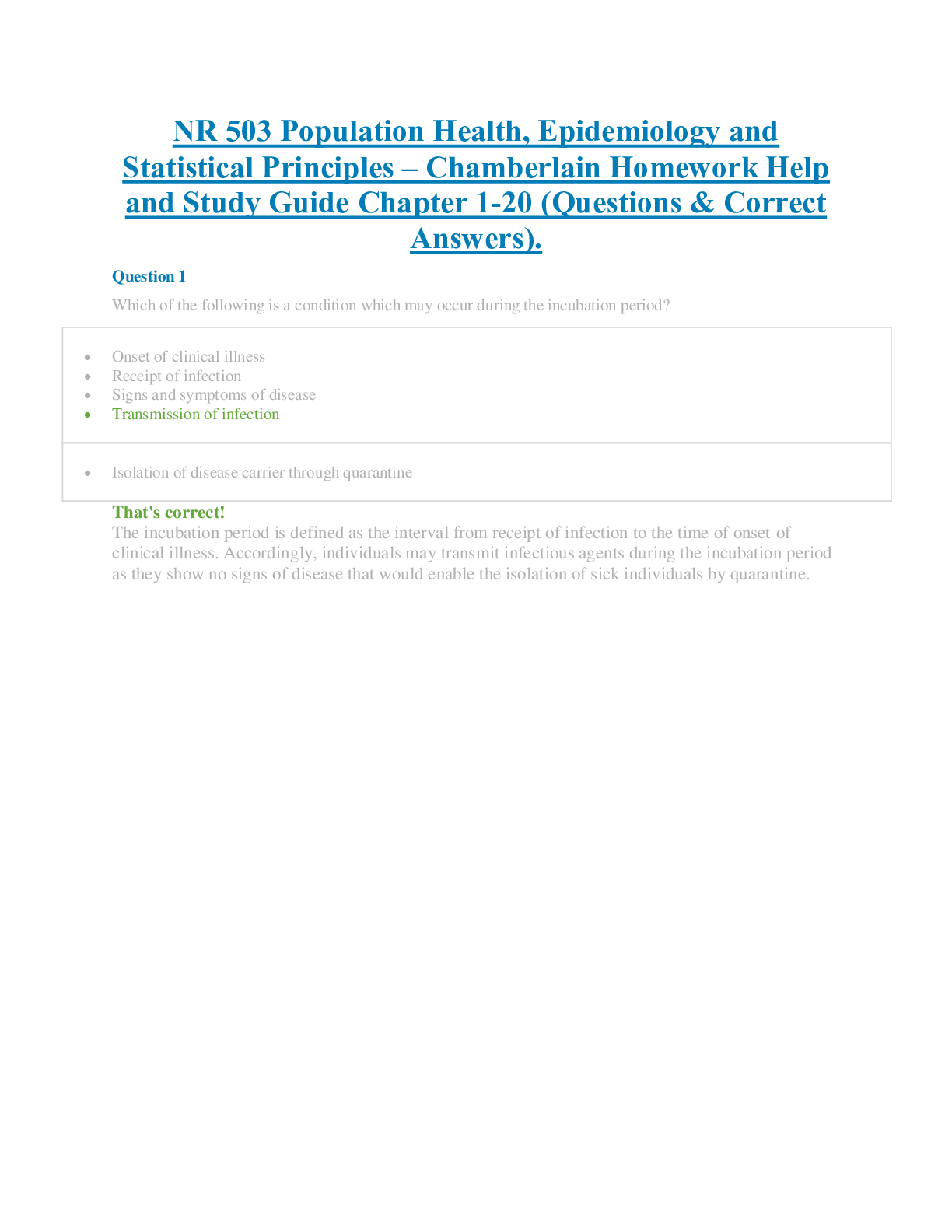 Preview image for NR 503 Population Health, Epidemiology and  Statistical Principles – Chamberlain Homework Help  and Study Guide Chapter 1-20 (Questions & Correct  Answers).
